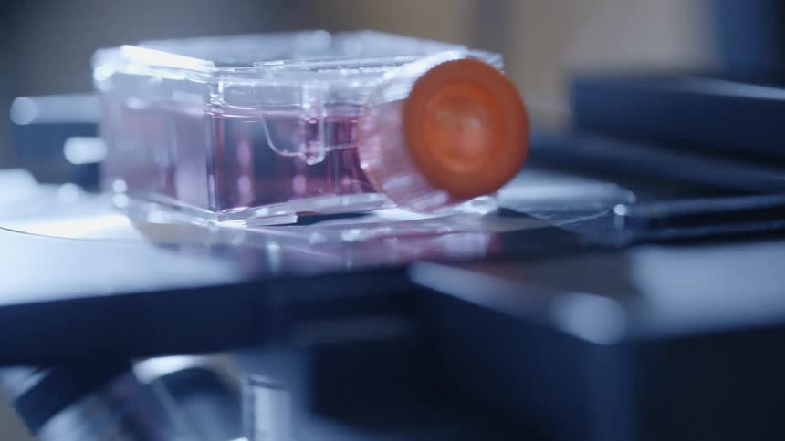 Clear container holding slightly red tinted fluid jiggles on machine surface