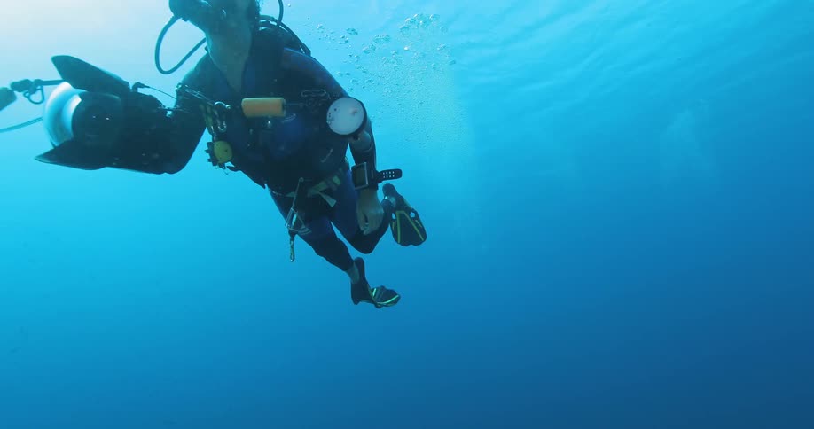 A man is swimming underwater with a camera on a sunny day