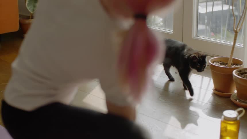 A woman on a mat stretching with a black cat walking by
