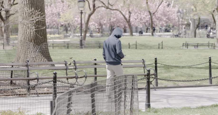 A person with a hoodie walking in the park