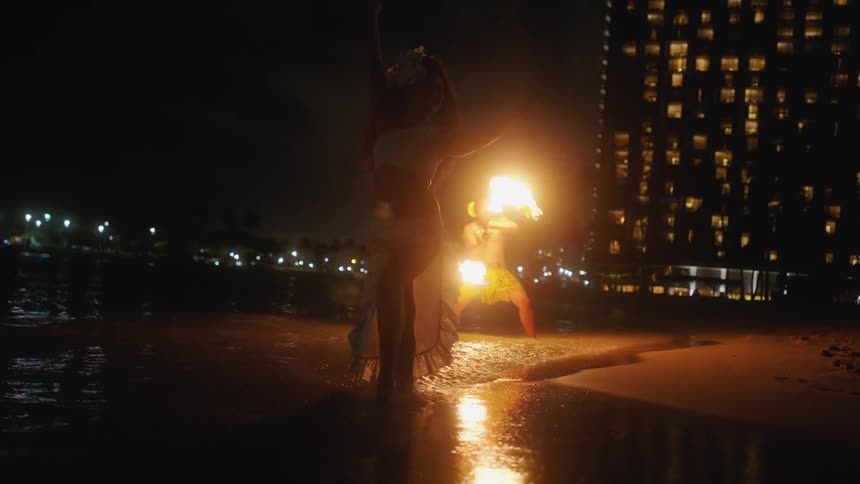 A man and woman perform on a beach
