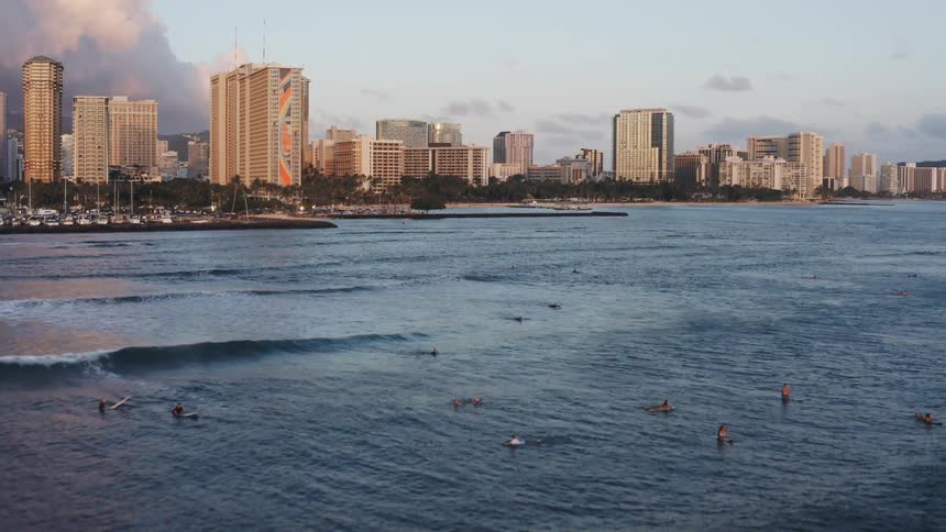 People swim in the water in front of a city skyline