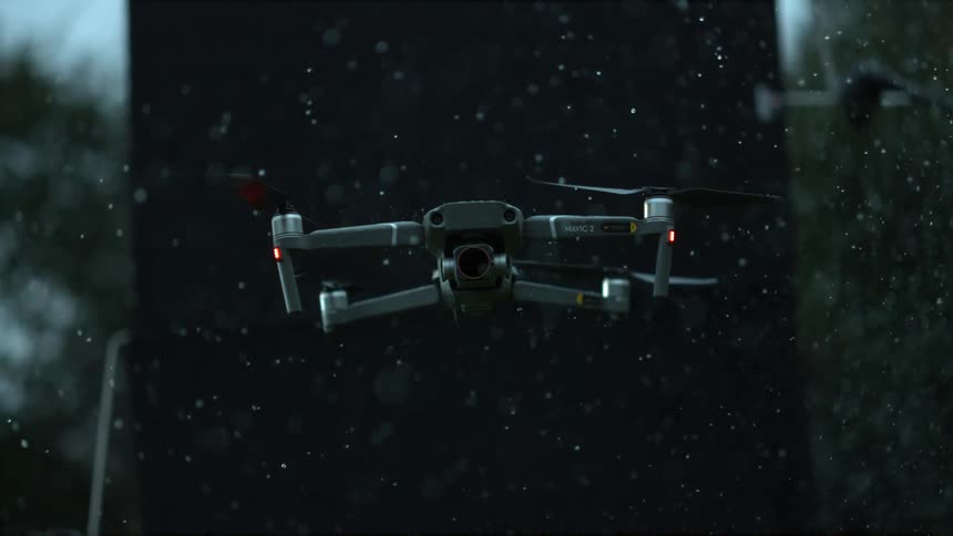 A drone flying in the snow