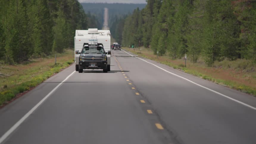 Truck driving down country road surrounded by pine forest