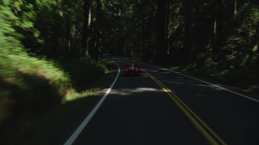 Red car drives along shadowy forest highway during daylight