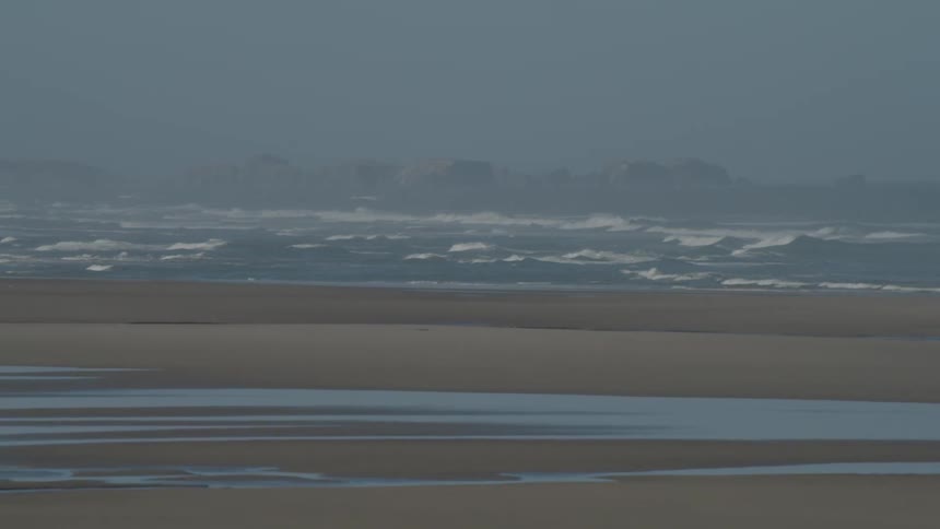 Waves rolling into a foggy beach
