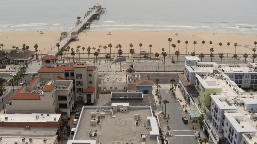 The beach is lined with palm trees below