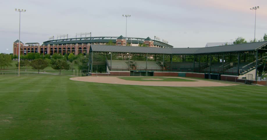 Sports field bleachers remain empty on cloudy day