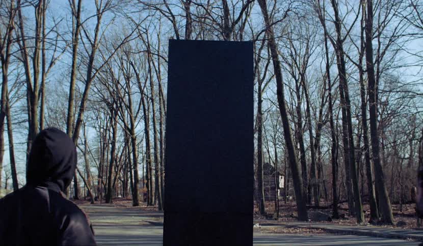 A group of men staring up at a black monolith in the middle of a road in a woodland