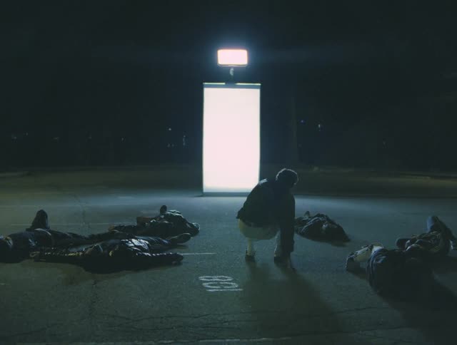 People laying on the ground with one man standing up and walking towards a white screen with a light on top