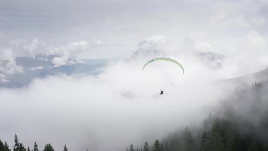 A paraglider over forest trees and in the fog