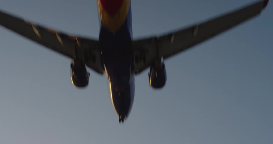 A plane flies in a clear sky