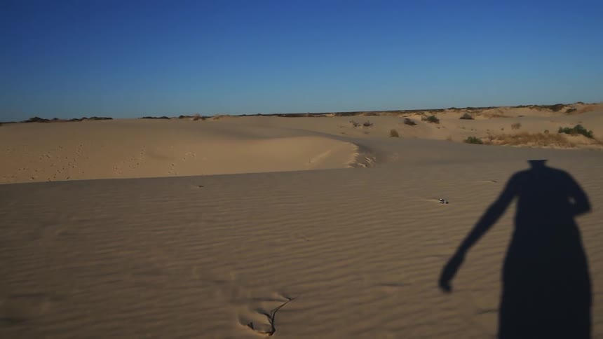 A person casts a shadow as he walks across the sand dune