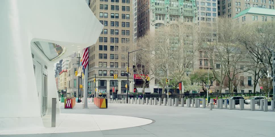 A city square with an american flag with trees and buildings in the background