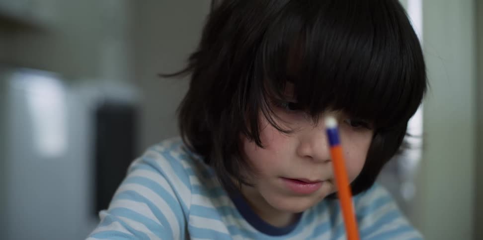 A little boy holds a pencil and writes