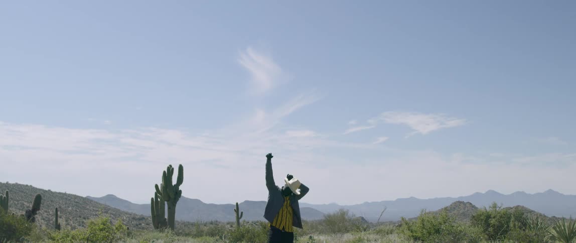 Cowboy stands unmoving on scrub filled plain wearing face covering