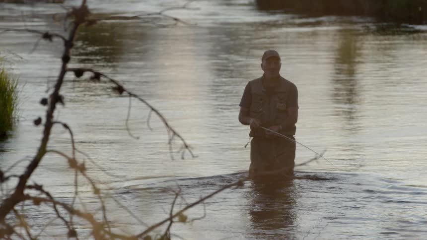 Fisherman standing in a stream casts his line