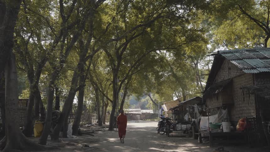 A person walking down a path through a village