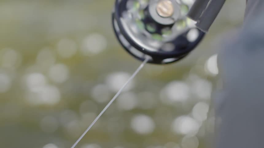 Fisherman pulls line through the reel