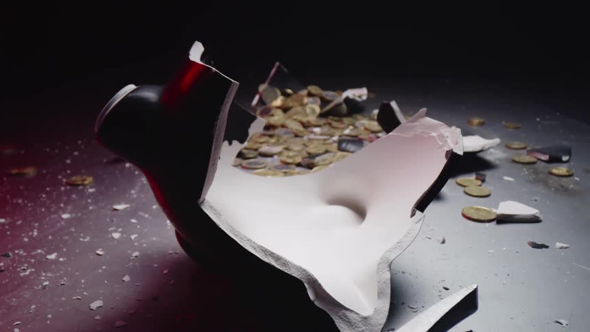 A hammer on the ground next to shattered pieces of a piggy bank and coins