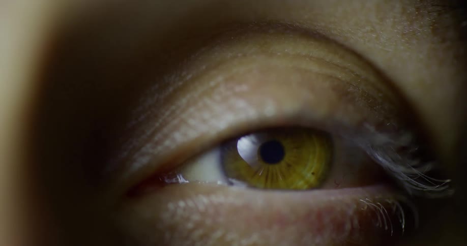 Persons eye blinks and looks around before staring