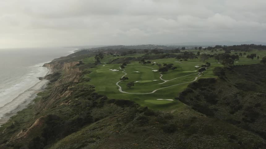 Aerial view of ocean waves crashing against the shore and green grassland on a cloudy day