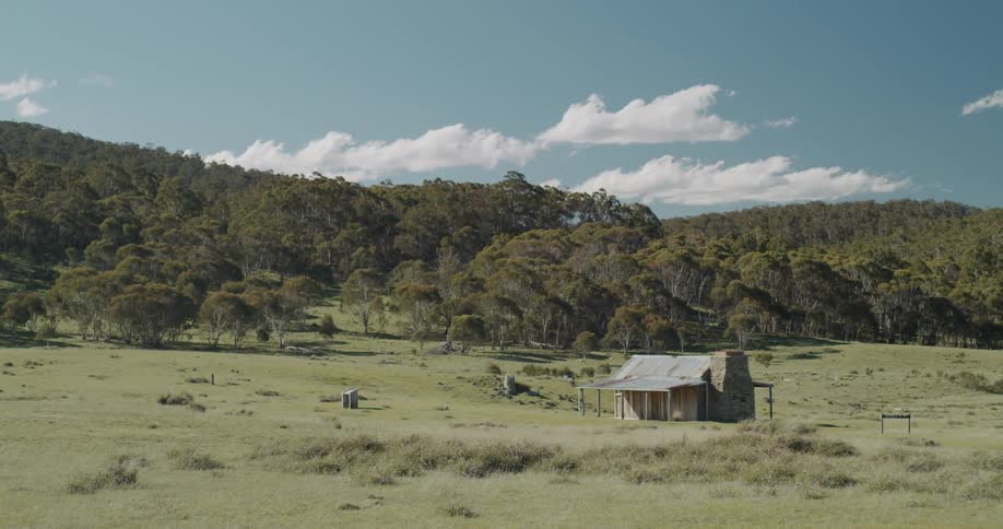 A small wooden house sits on a field near a forest