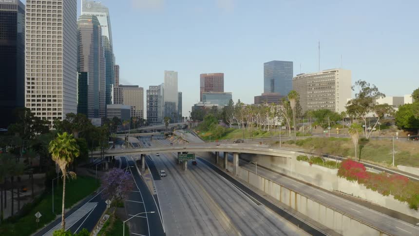 An empty freeway through downtown Los Angeles