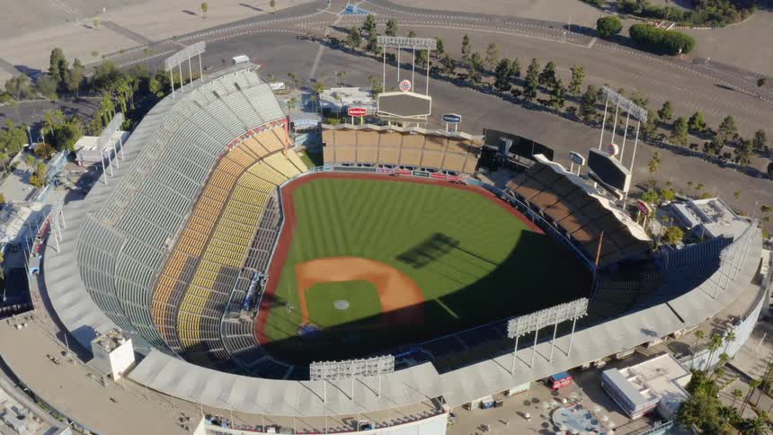 Aerial view of an empty Dodgers Stadium in Los Angeles