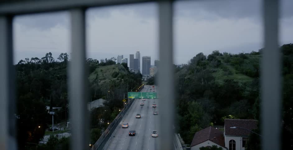 Cars driving on highway towards downtown Los Angeles