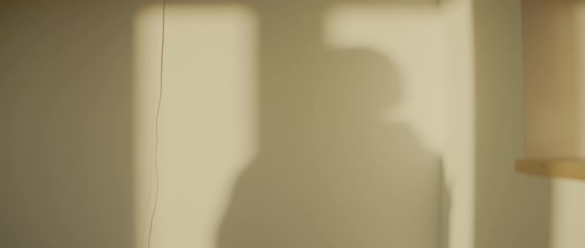 The shadow of a person is shown dancing to music playing on a record player in an empty apartment