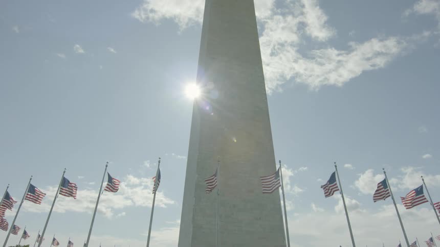 A memorial surrounded by american flags