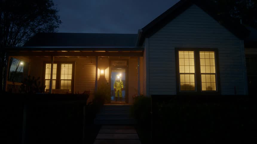 A person with a hazmat suits standing inside a house with the front door open