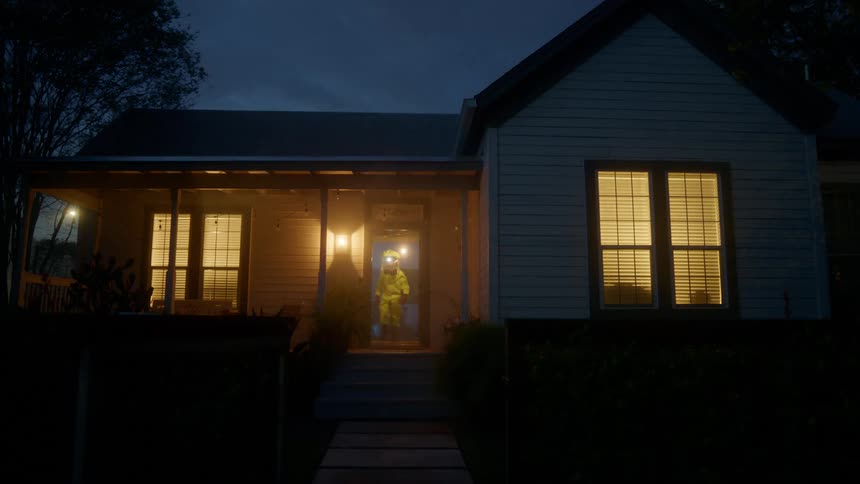 A person in a full yellow hazmat suit walks out of a suburban house and stands on the front porch