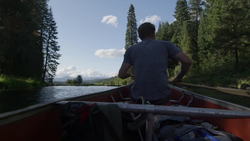 Man rows a boat on a forest river