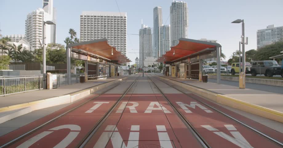 The tram tracks are empty