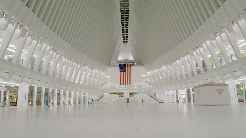 A white terminal with a large american flag