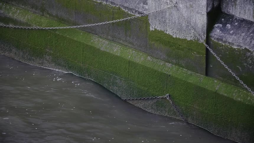 Water laps up against a moss covered concrete structure