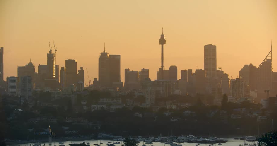 A coastal city with boats in the foreground and the city skyline in the background