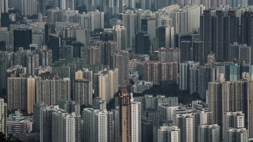 Row after row of large skyscrapers in a downtown area