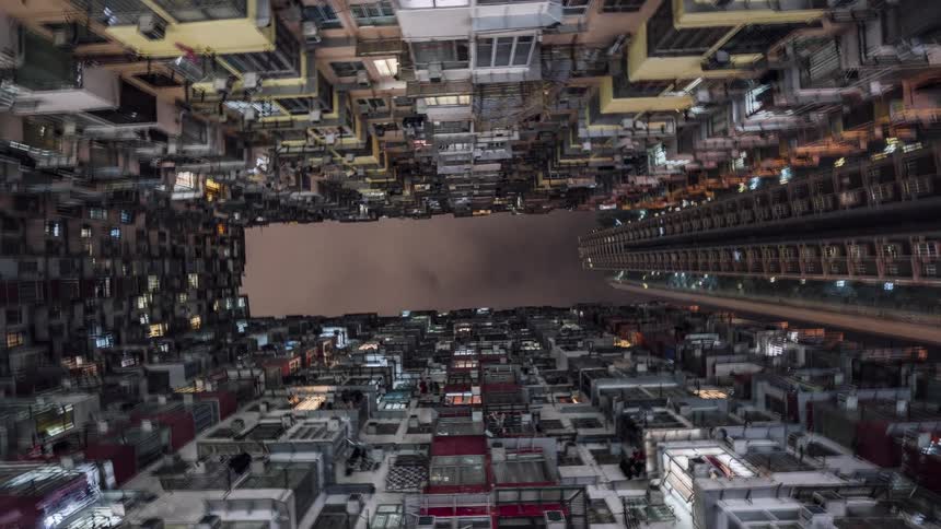 Birds eye view of skyscrapers in a downtown area