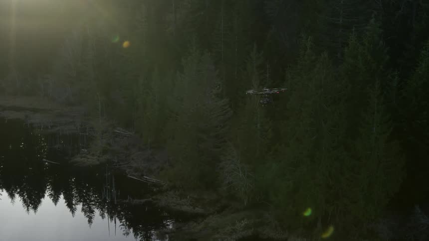 A drone flies over a calm lake in the woods