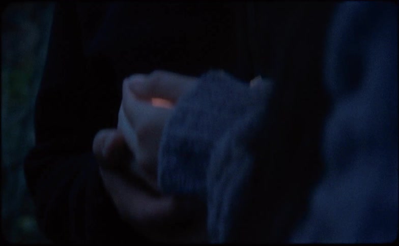 A man and a woman are enjoying a held candle at dusk while standing in a wooded area