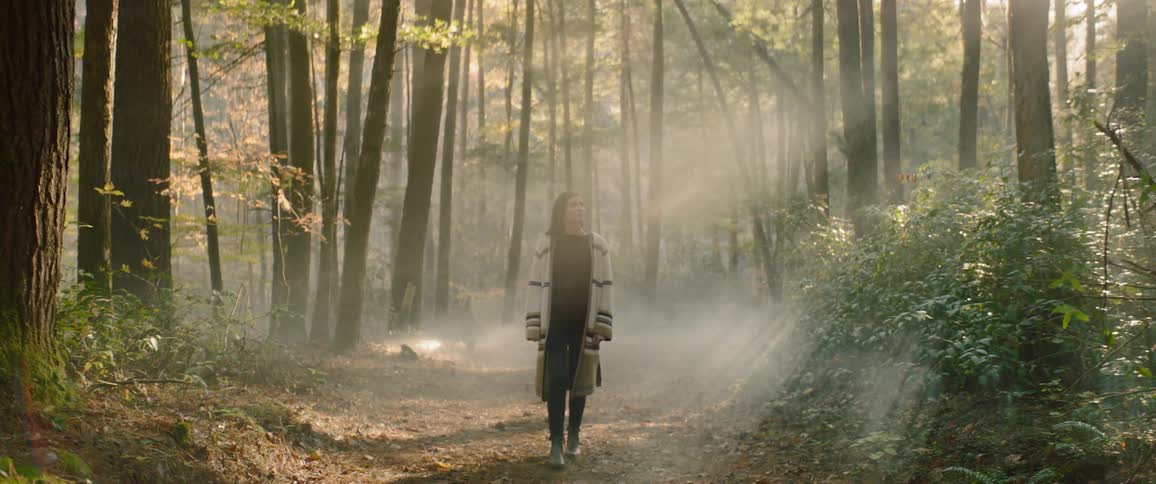 Woman standing on the forest path looks at the tall trees in the foggy woods
