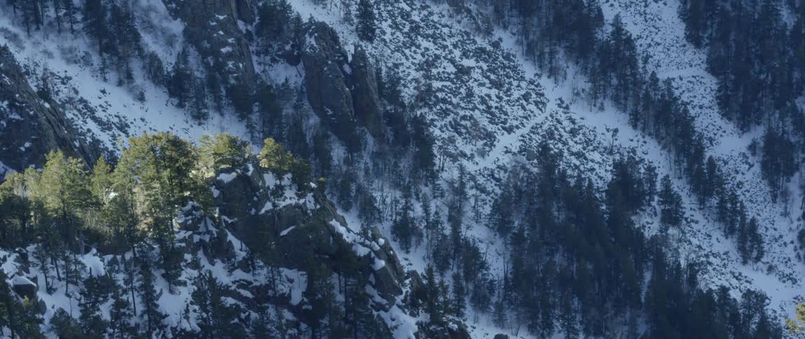 A rocky mountain slope covered with snow and trees