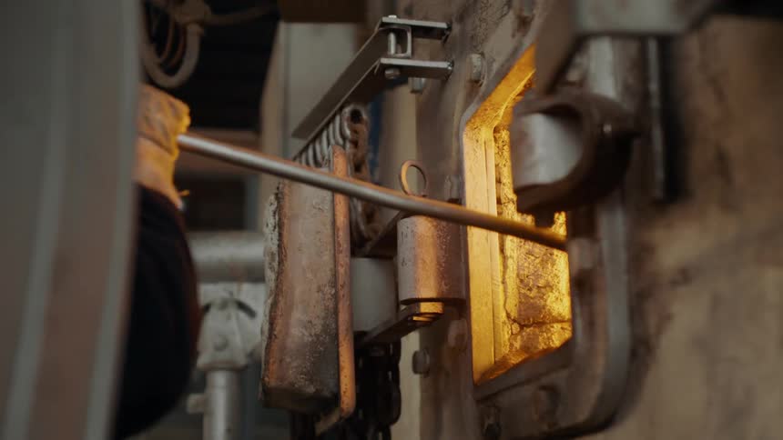 A person moves material around in a furnace with a long metal rod