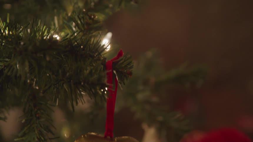 White girl putting a heart shaped ornament into a christmas tree
