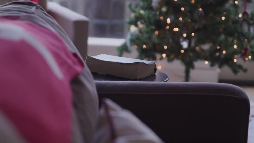 Blurred view of a christmas tree that is decorated in a home