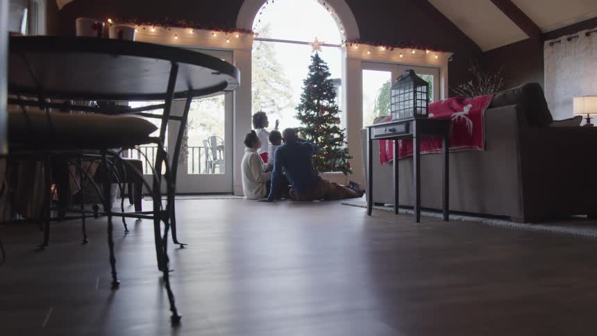 Black family sit around the christmas tree in the living room at home