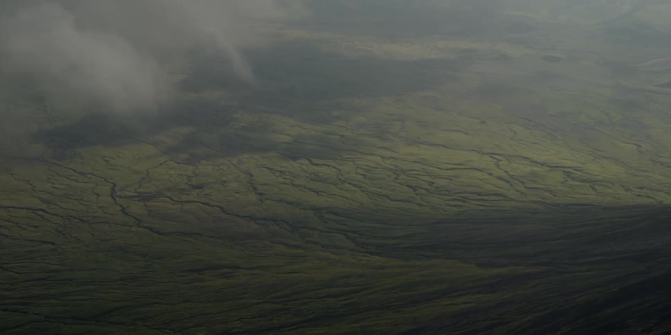 Aerial view of a green field below